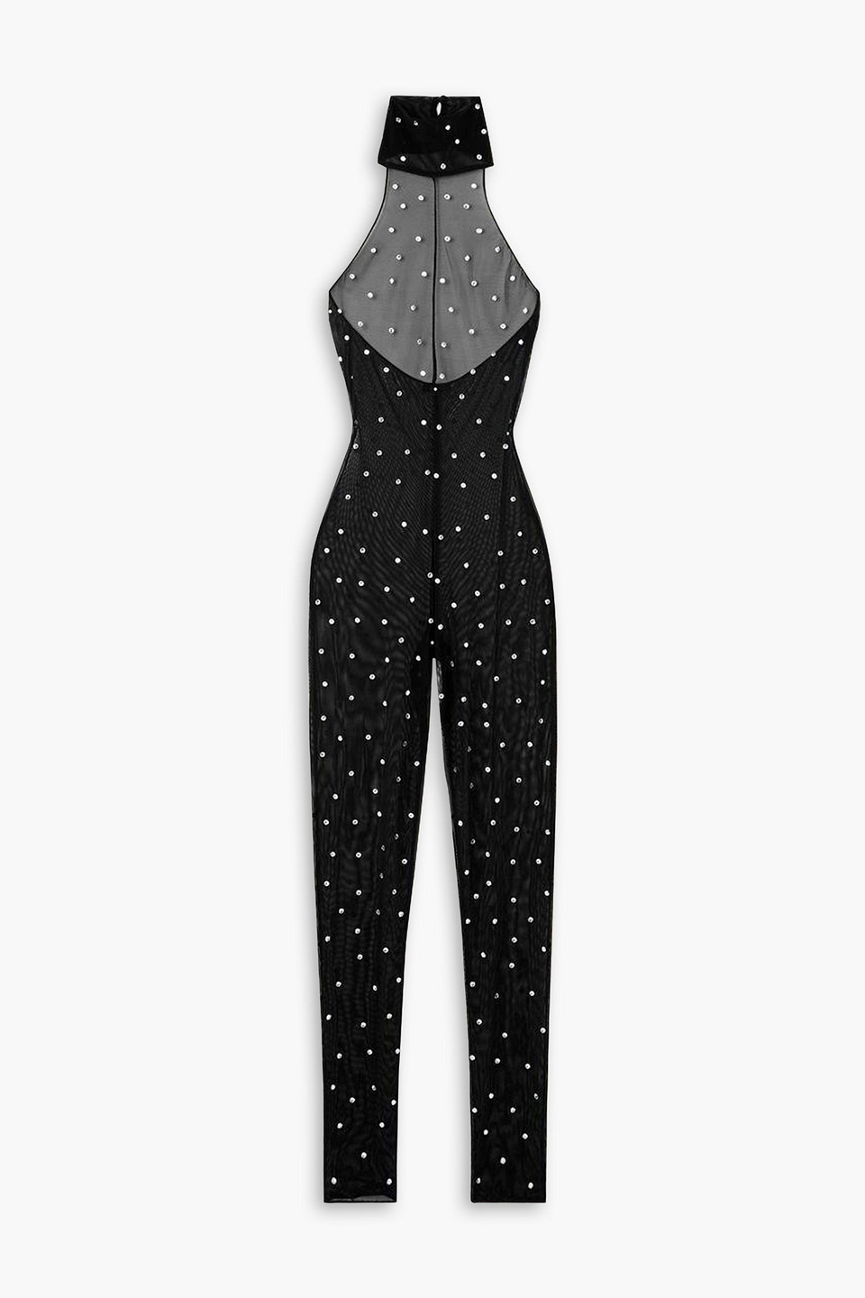 Oseree Gem Necklace Crystal-embellished Stretch-tulle Jumpsuit In Black