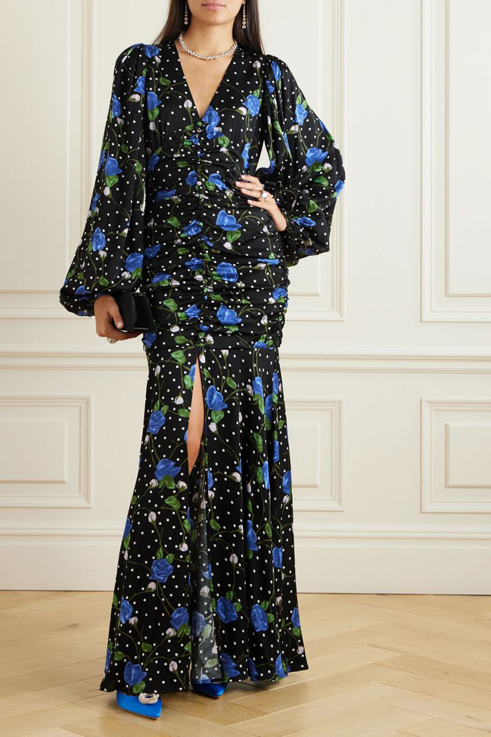 ROTATE Birger Christensen Goldie ruched floral-print satin maxi dress