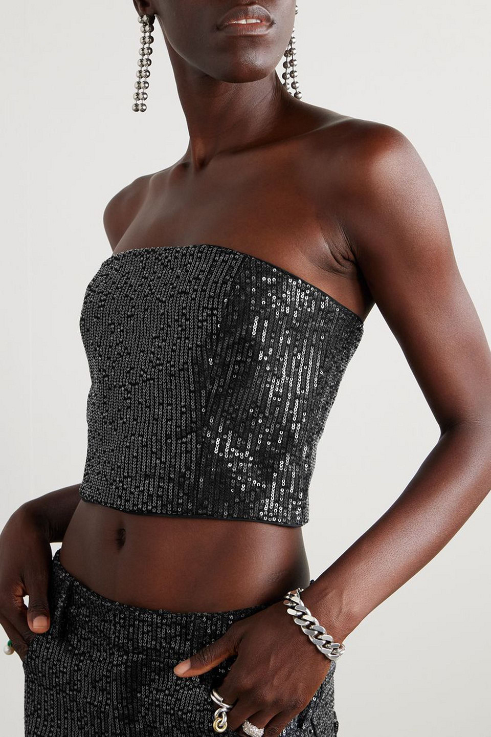 Rotate Birger Christensen Strapless Top With All-over Paillettes Embellishment In Black