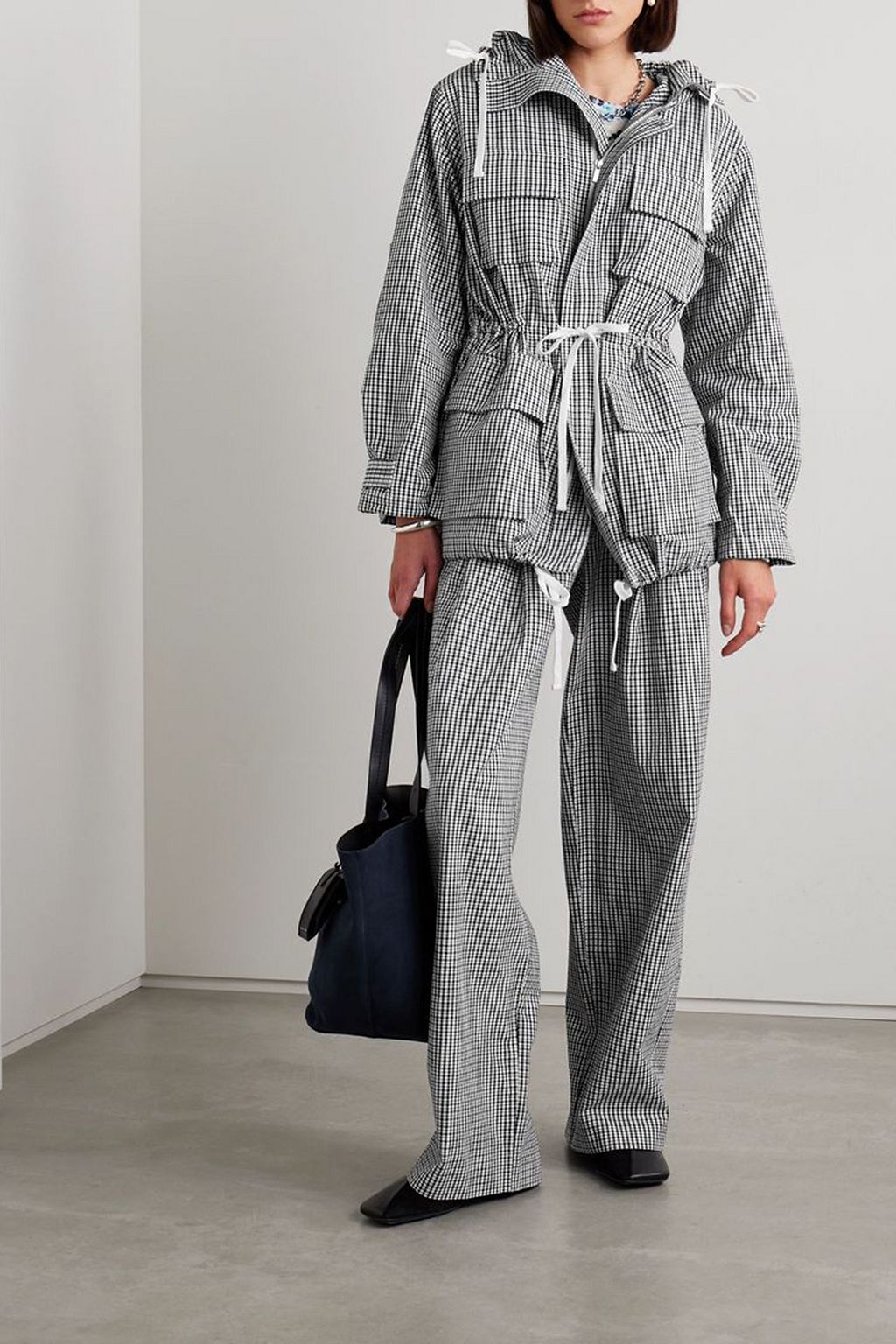 PROENZA SCHOULER PSWL جاكيت "نينا" بغطاء رأس من مزيج الكتّان والقطن بطبعة مربعات