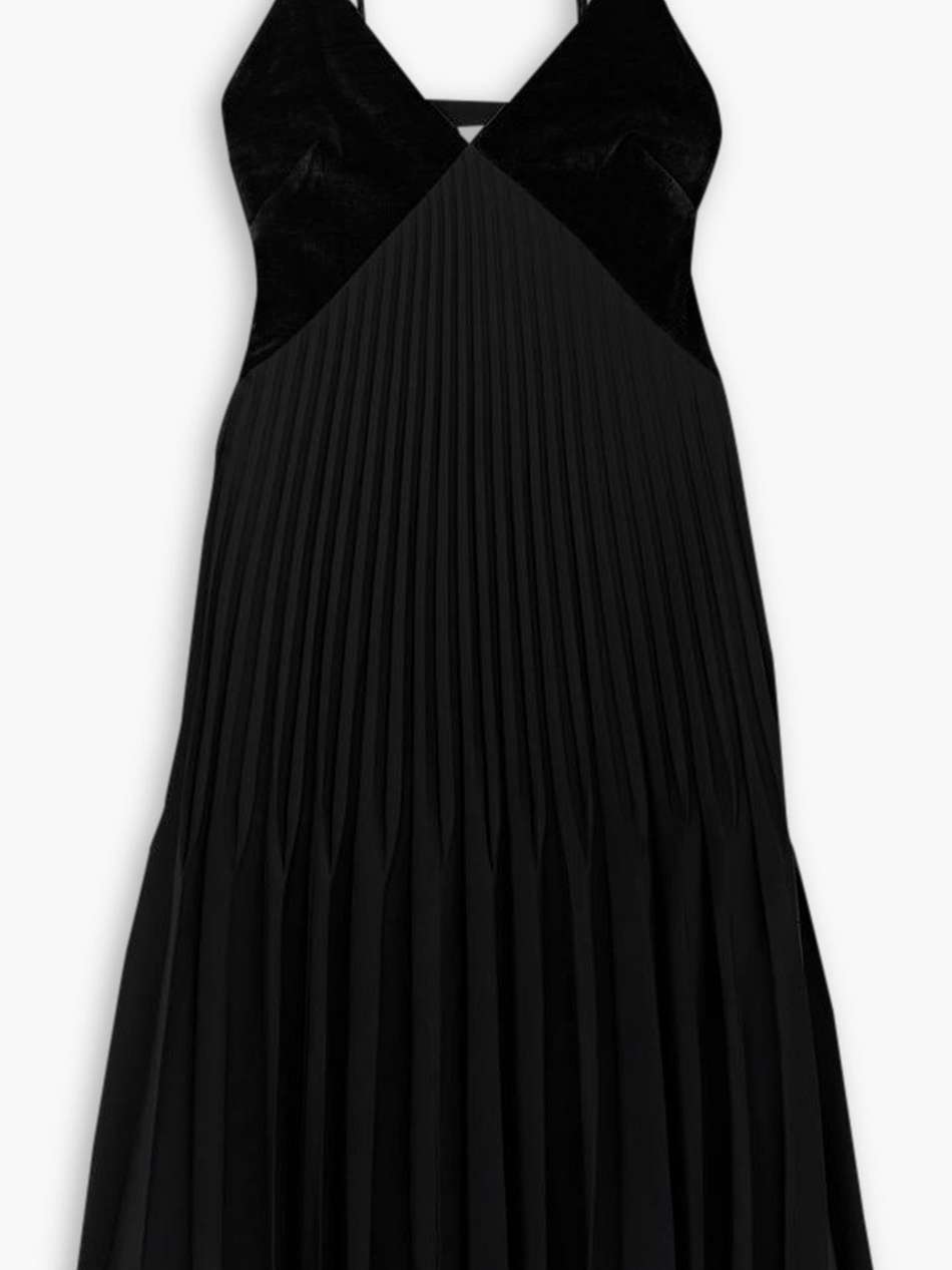 wren velvet-trimmed pleated crepe midi dress