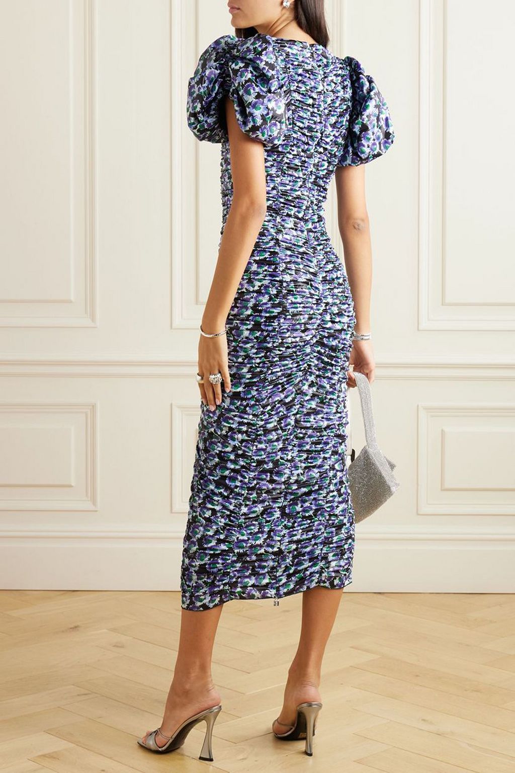 ROTATE BIRGER CHRISTENSEN ストレッチサテン ミディワンピース ギャザー入り フローラルプリント