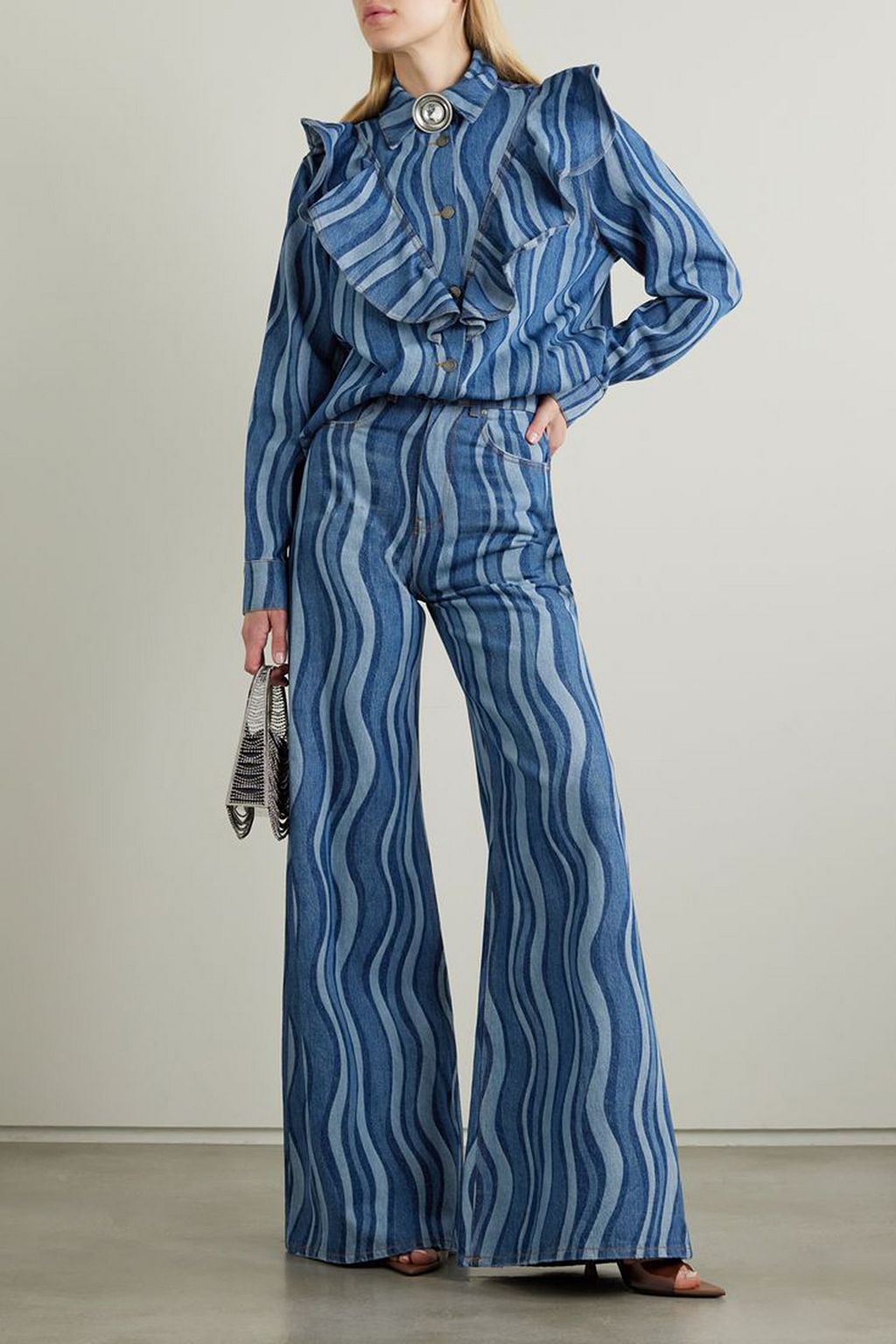 AREA Sunray embellished printed high-rise wide-leg jeans