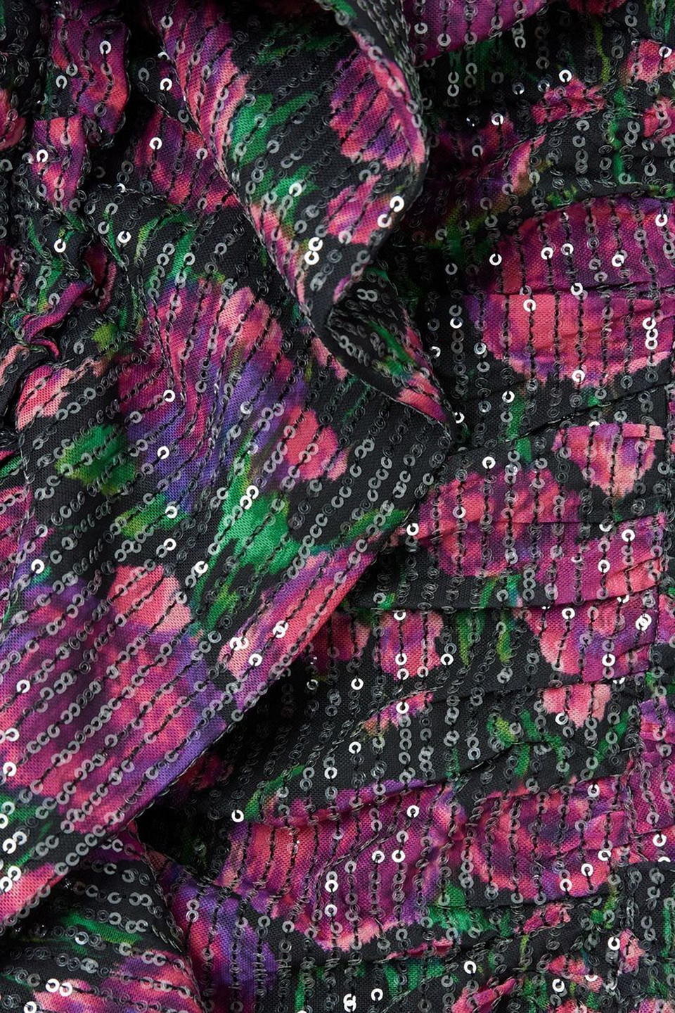 Rotate Birger Christensen Layla Strapless Ruffled Sequined Floral-print Recyled-mesh Mini Dress In Magenta