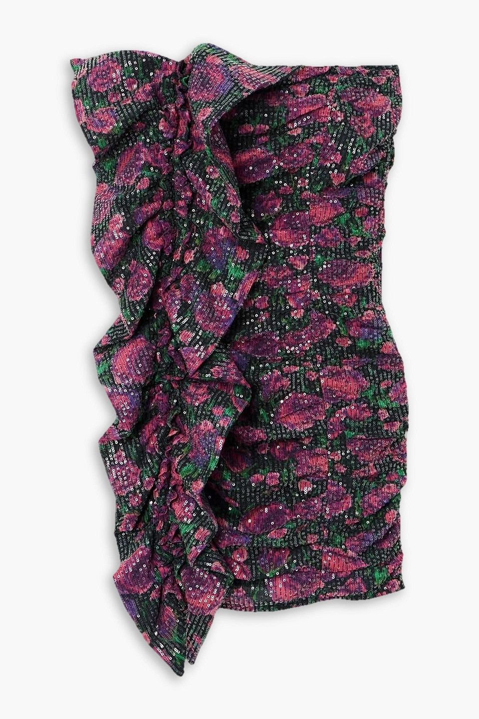 Rotate Birger Christensen Layla Strapless Ruffled Sequined Floral-print Recyled-mesh Mini Dress In Magenta