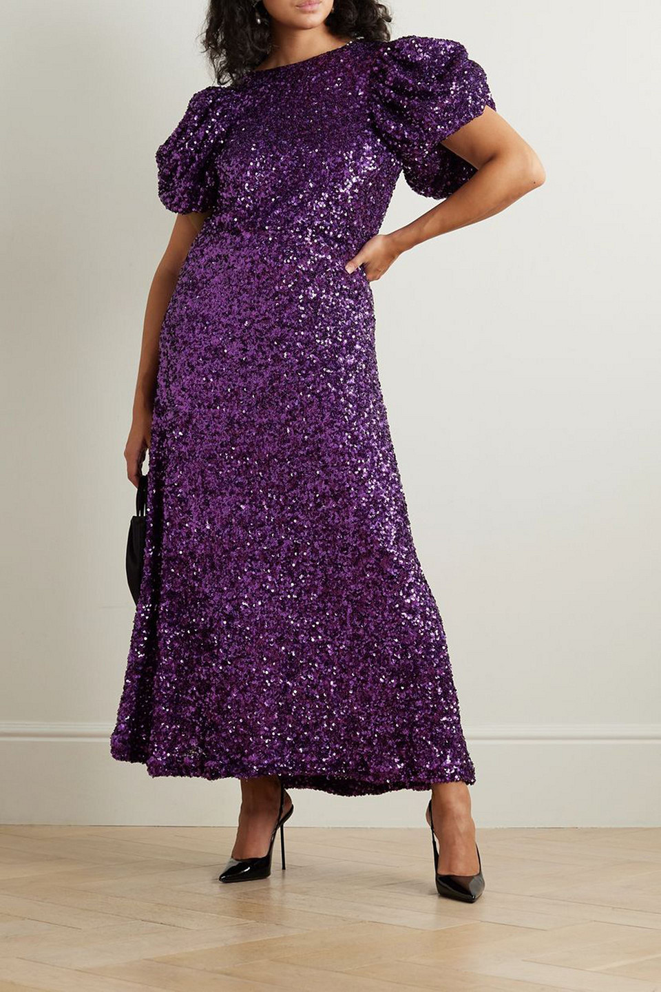 Rotate Birger Christensen Puff-sleeve Sequinned Maxi Dress In Violet