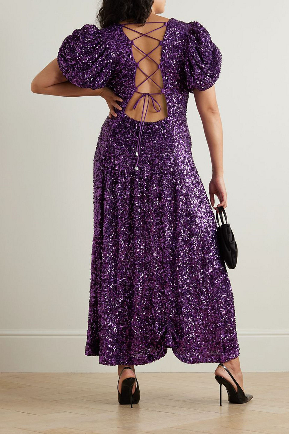 Rotate Birger Christensen Puff-sleeve Sequinned Maxi Dress In Violet