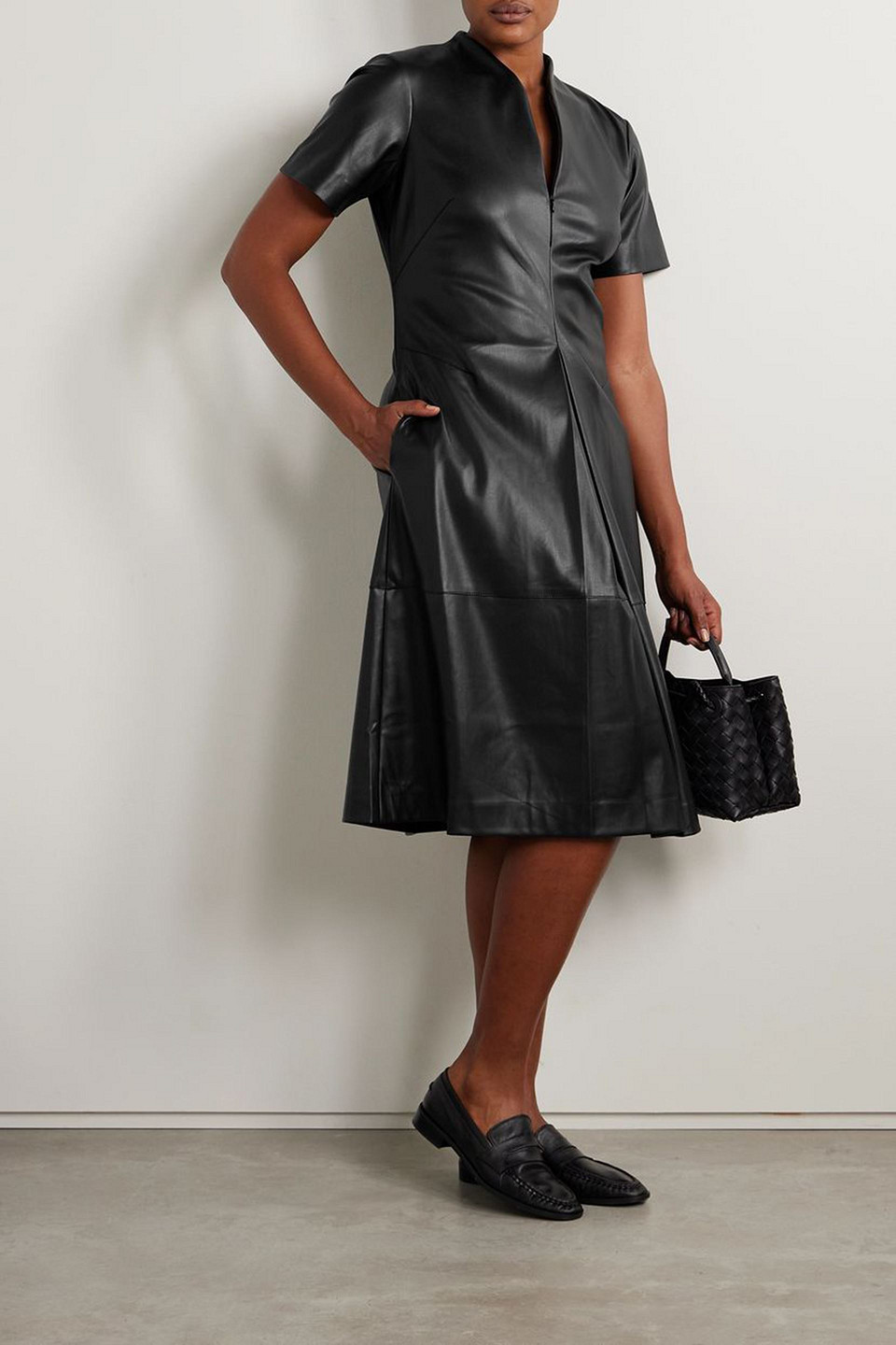 PROENZA SCHOULER ESTER PLEATED FAUX LEATHER MIDI DRESS 