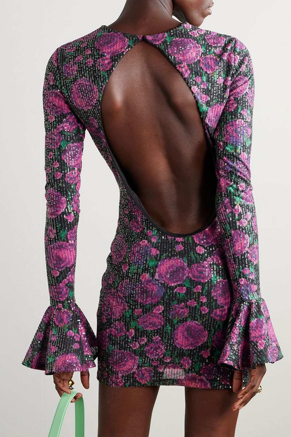 Shop Rotate Birger Christensen Rosita Open-back Sequined Floral-print Chiffon Mini Dress In Black