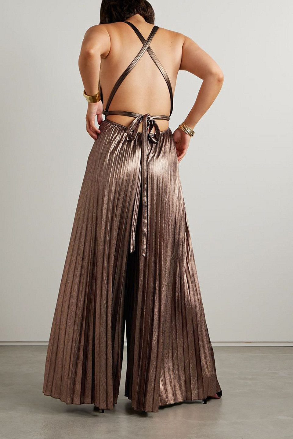 RETROFÉTE GRACIANE OPEN-BACK PLISSÉ-LAMÉ JUMPSUIT