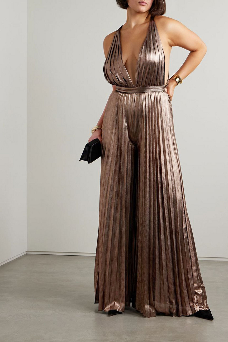 RETROFÉTE GRACIANE OPEN-BACK PLISSÉ-LAMÉ JUMPSUIT