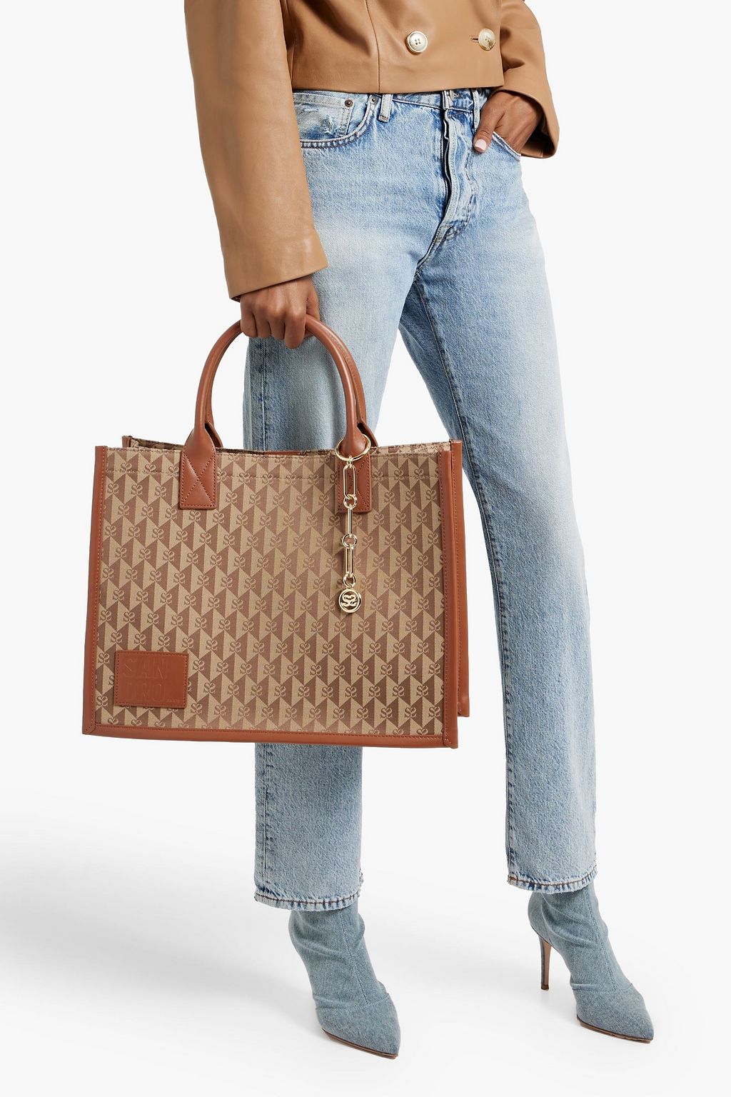 SANDRO Leather-trimmed jacquard tote