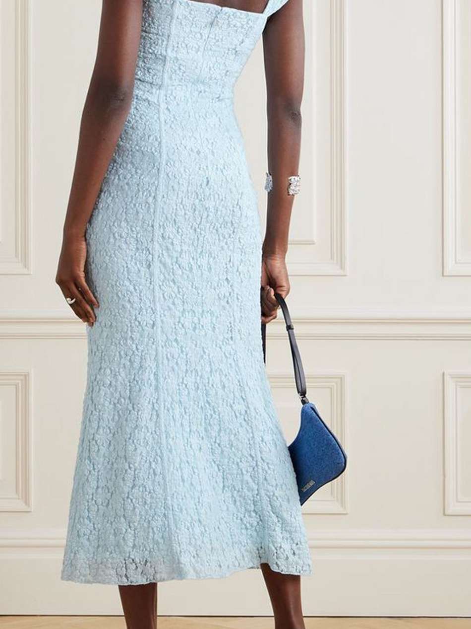 paneled lace midi dress