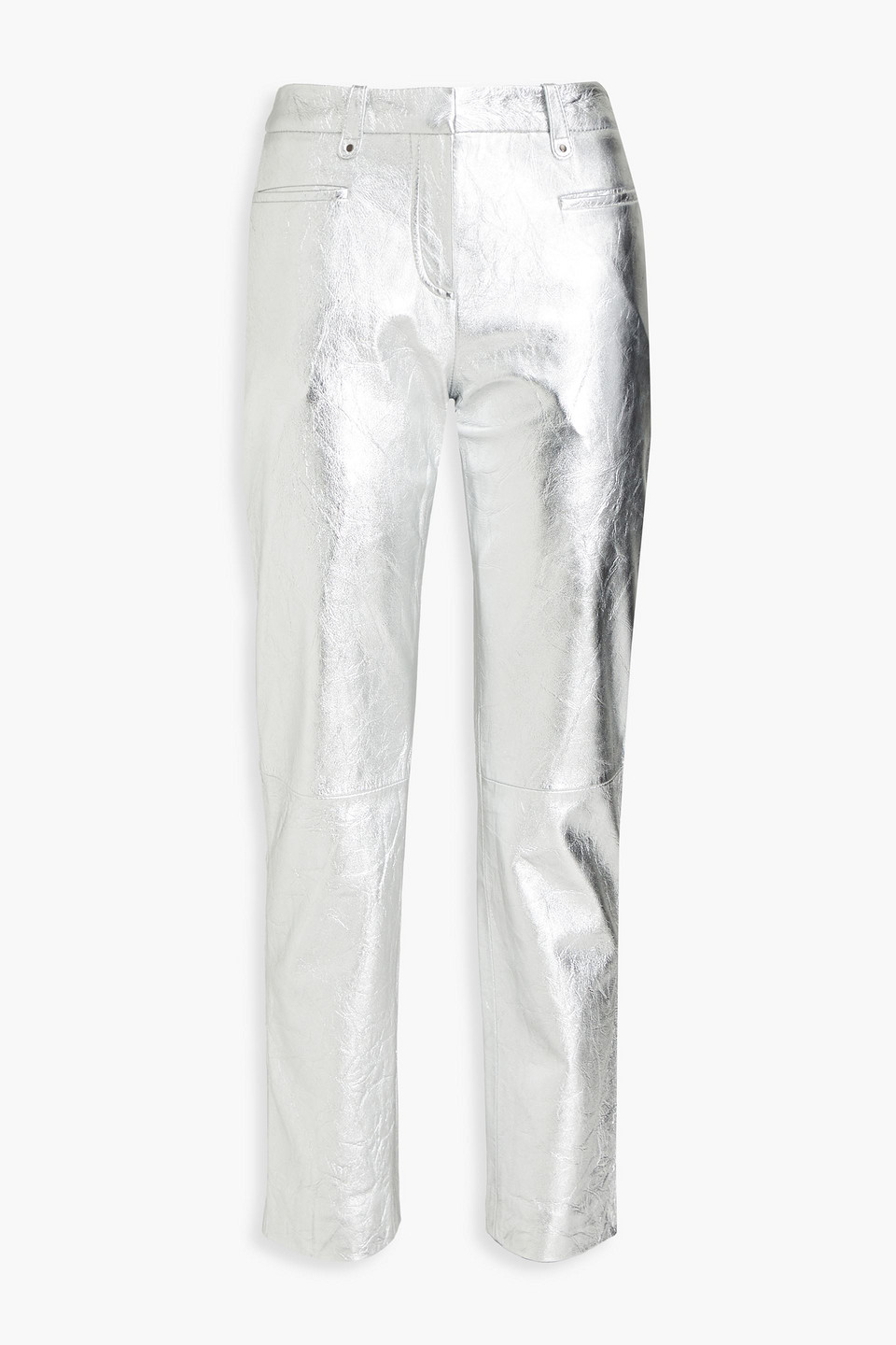 Muubaa Crinkled Metallic Leather Slim-leg Pants In Silver