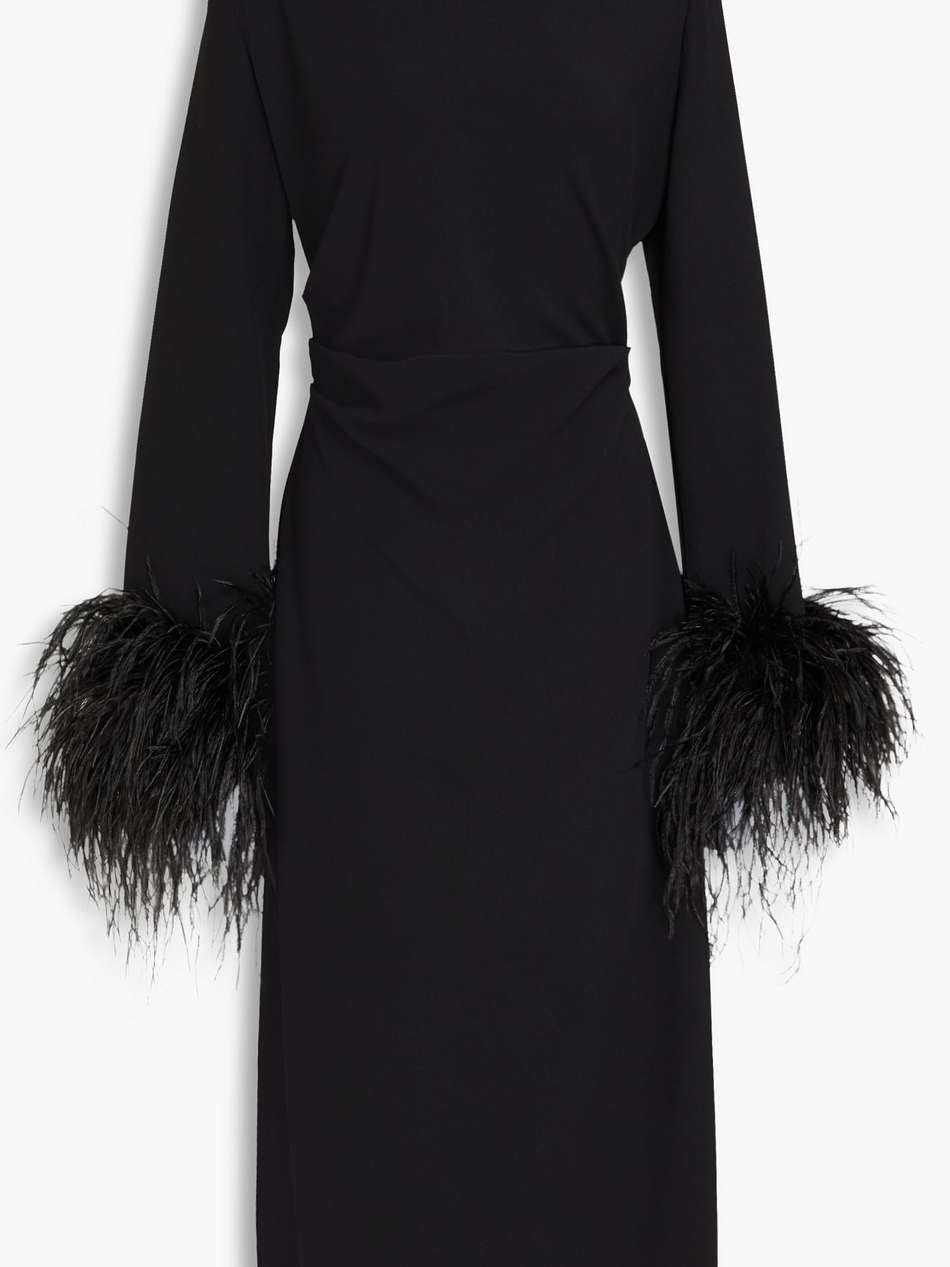 feather-embellished crepe midi dress