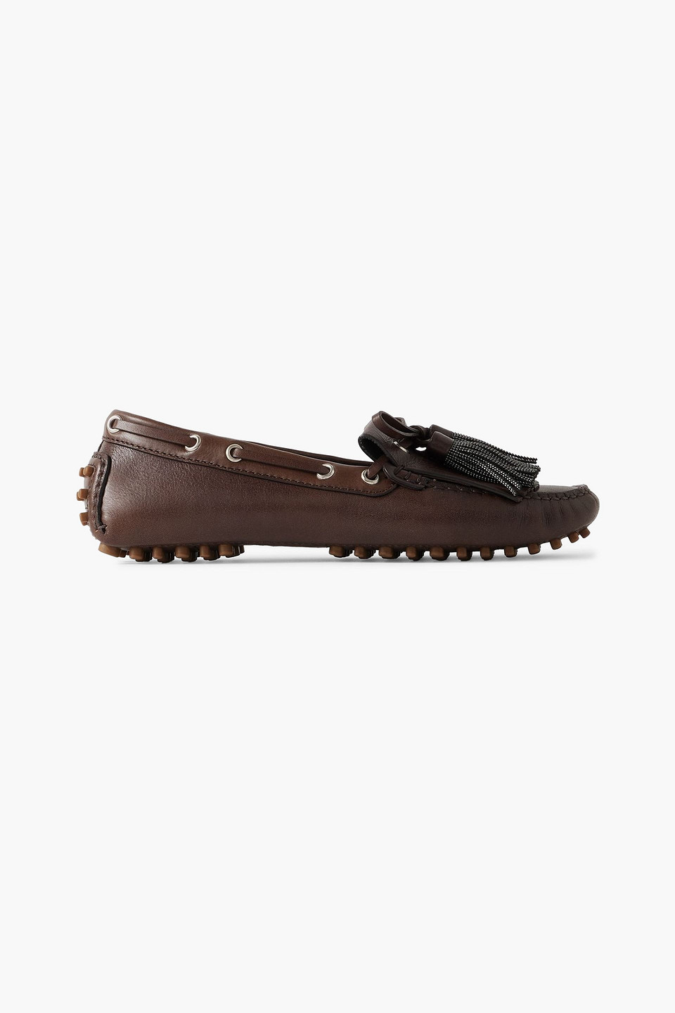 brunello cucinelli - tasseled fringed bead-embellished leather loafers - brown - eu 36