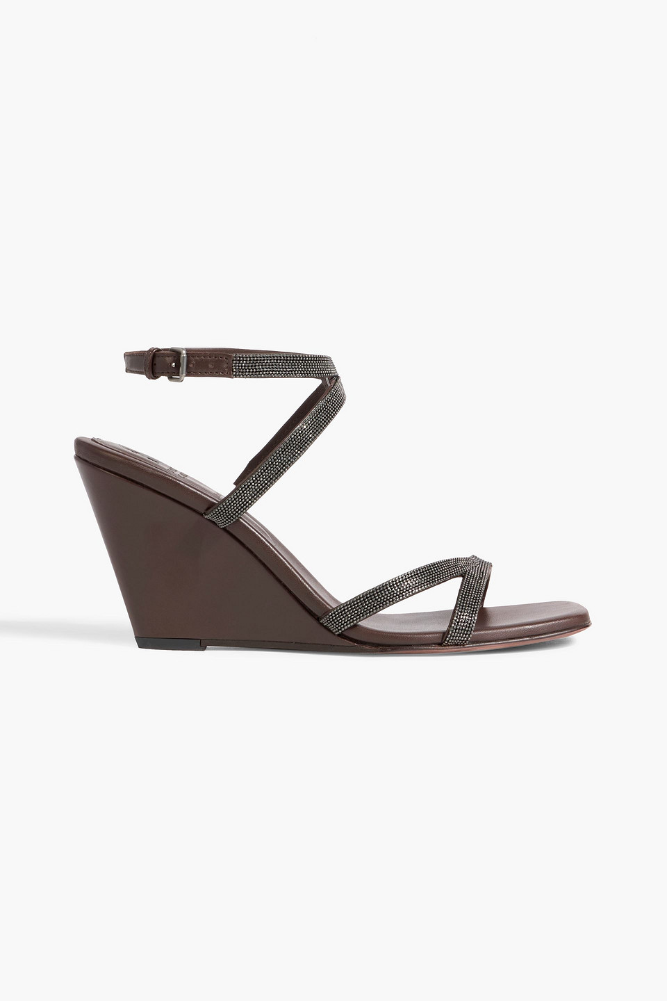 brunello cucinelli - bead-embellished leather wedge sandals - brown - eu 36