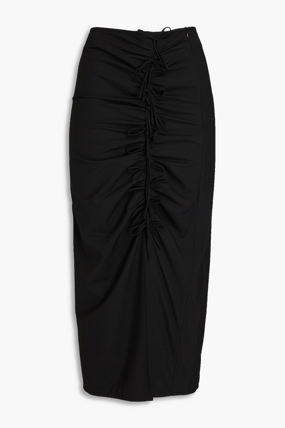 Bow-detailed ruched poplin midi skirt