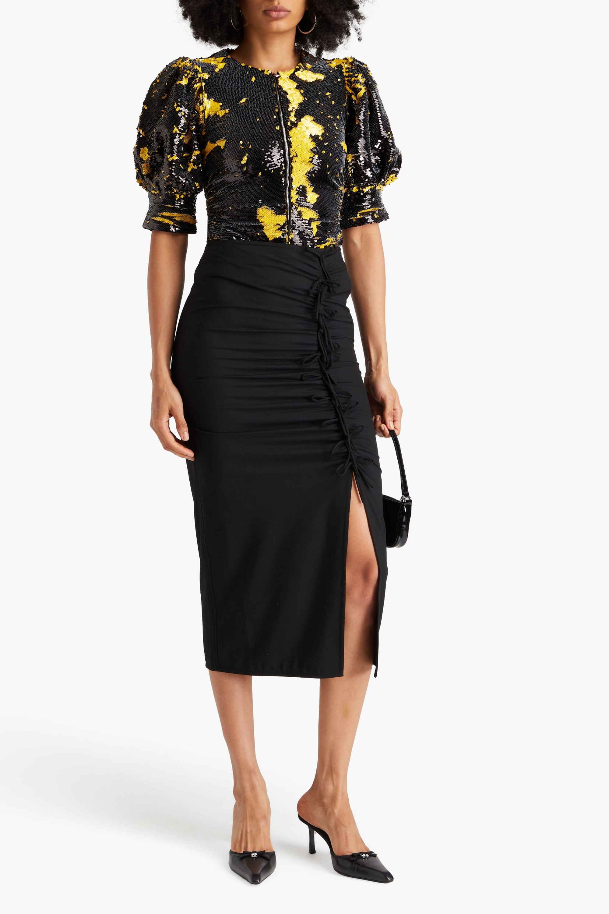 GANNI Bow-detailed ruched poplin midi skirt