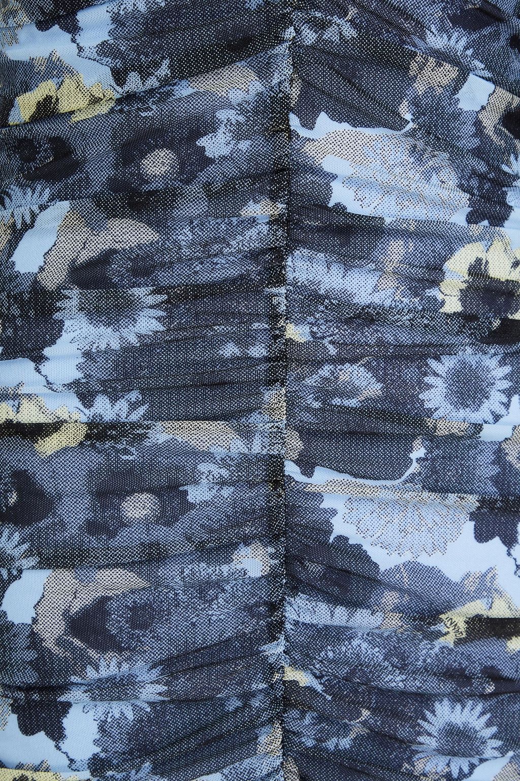 GANNI ストレッチメッシュ ミディワンピース ルーシュ入り フローラルプリント