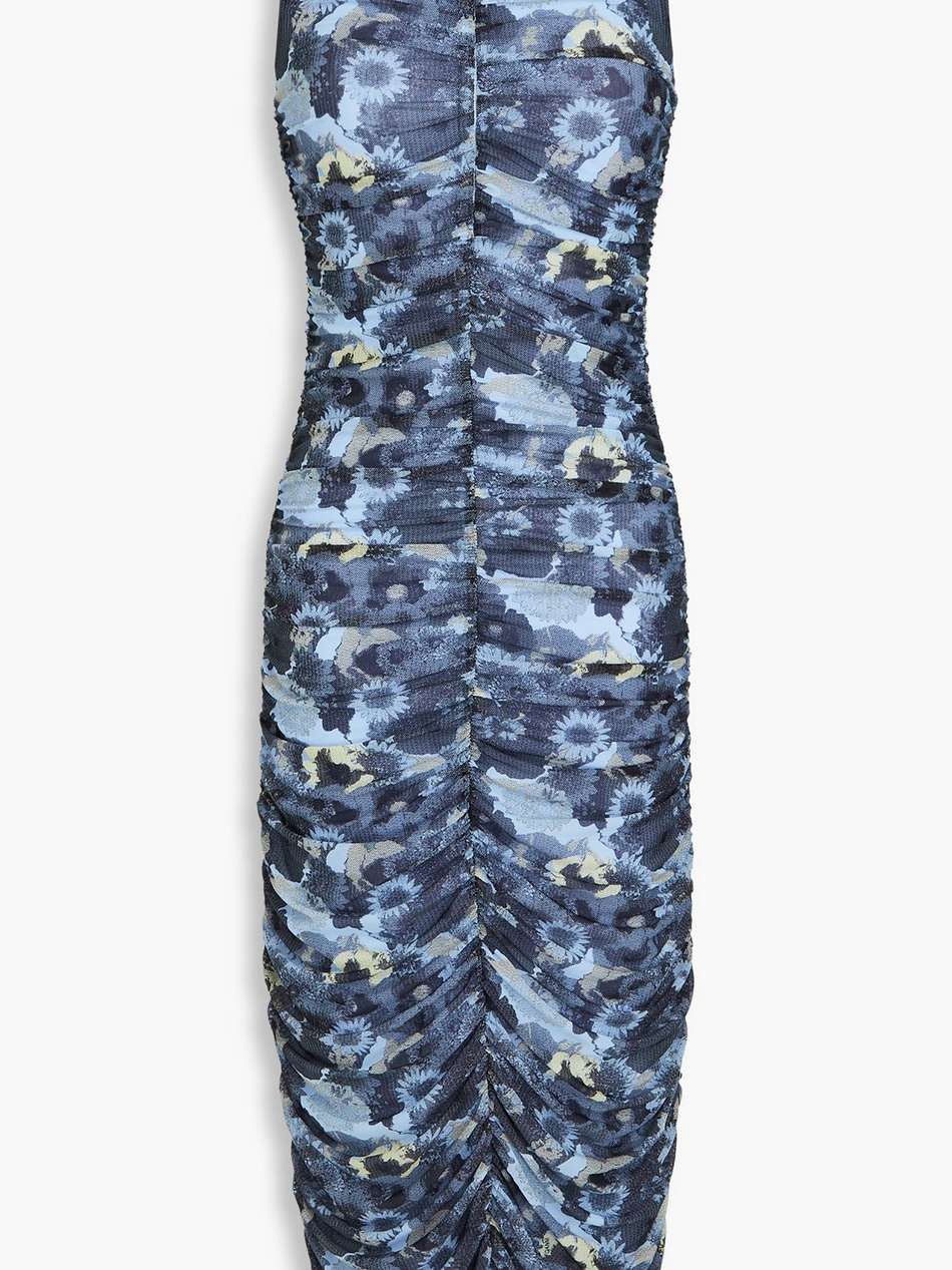 ruched floral-print stretch-mesh midi dress