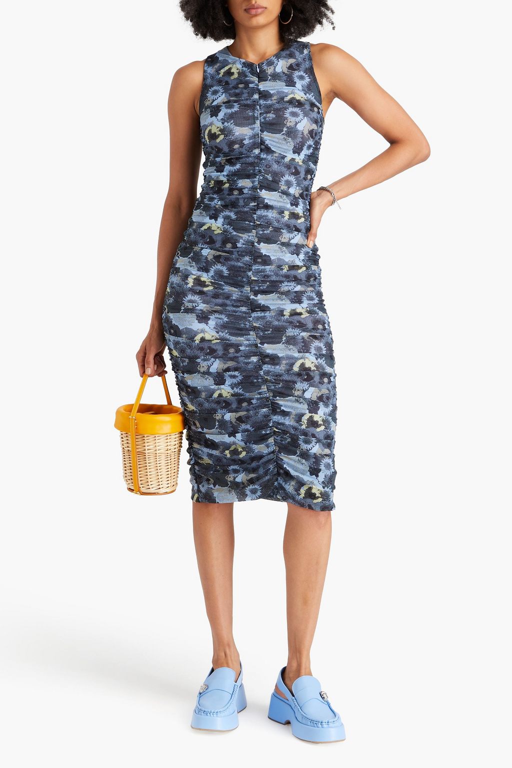 GANNI ストレッチメッシュ ミディワンピース ルーシュ入り フローラルプリント