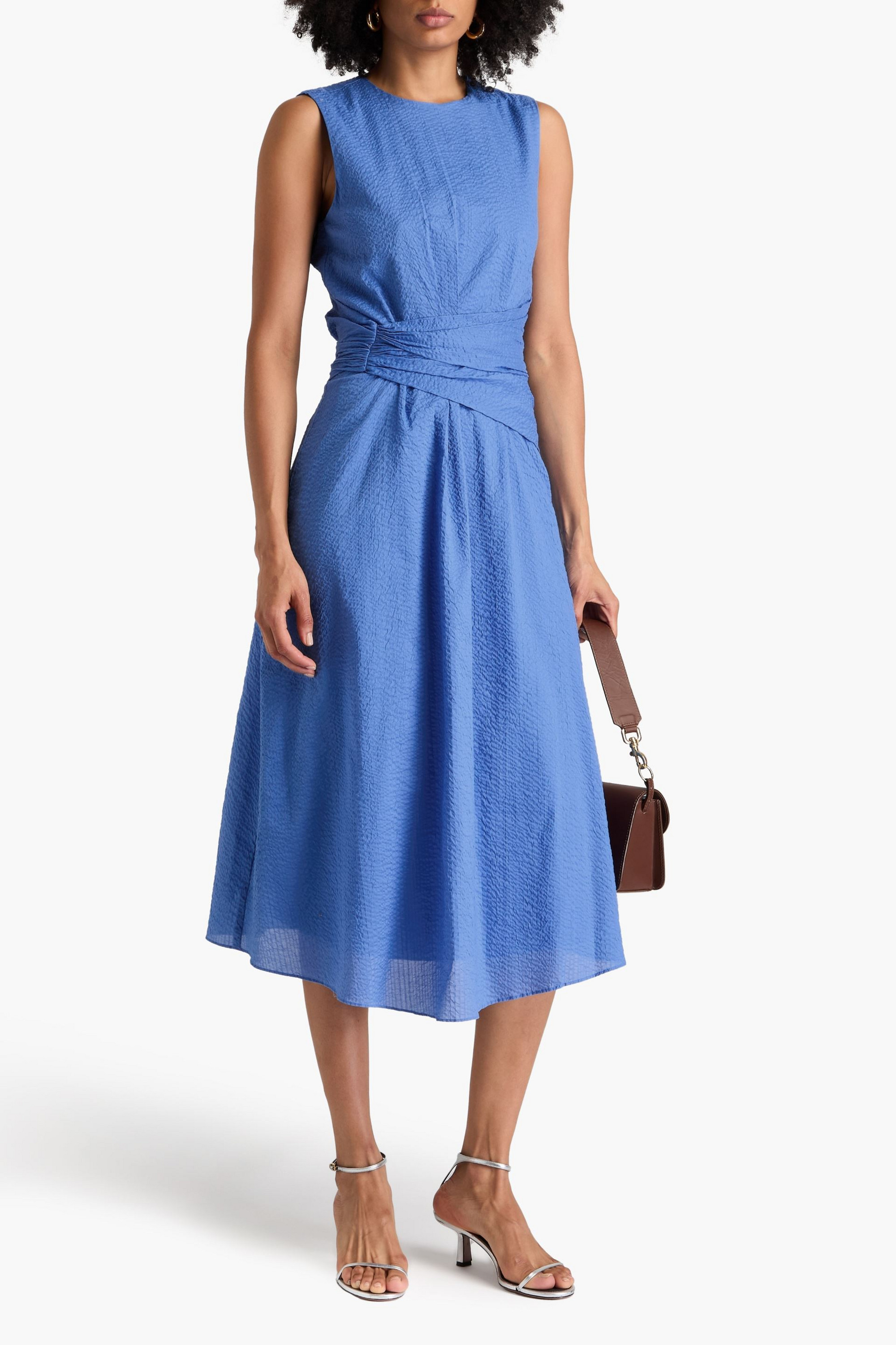 FRAME Draped textured-cotton midi dress