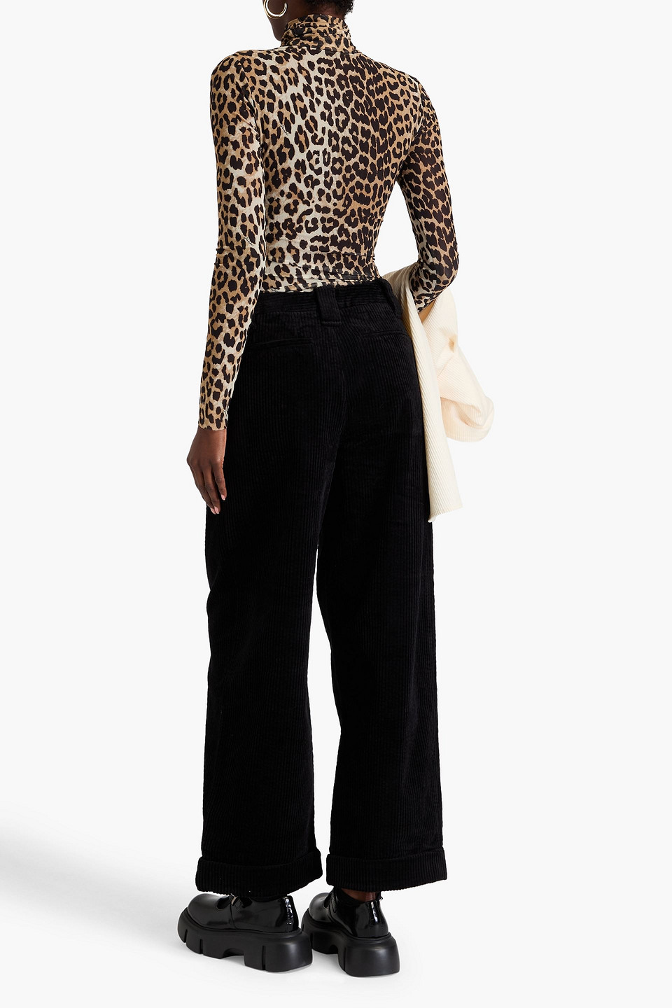 Ganni Pleated Cotton-blend Corduroy Wide-leg Pants In Black