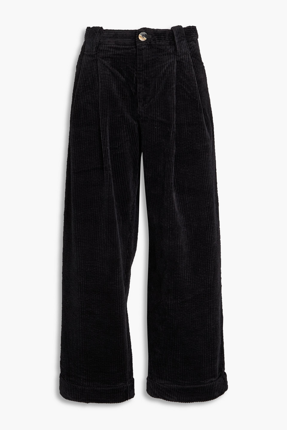Ganni Pleated Cotton-blend Corduroy Wide-leg Pants In Black