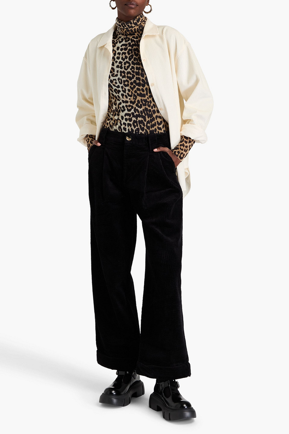 Ganni Pleated Cotton-blend Corduroy Wide-leg Pants In Black
