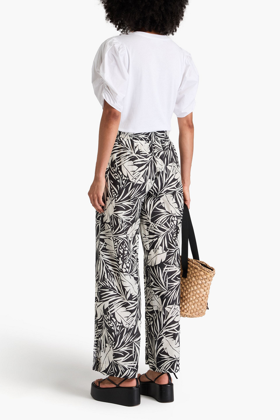 Frame Printed Cotton And Silk-blend Wide-leg Pants In Black