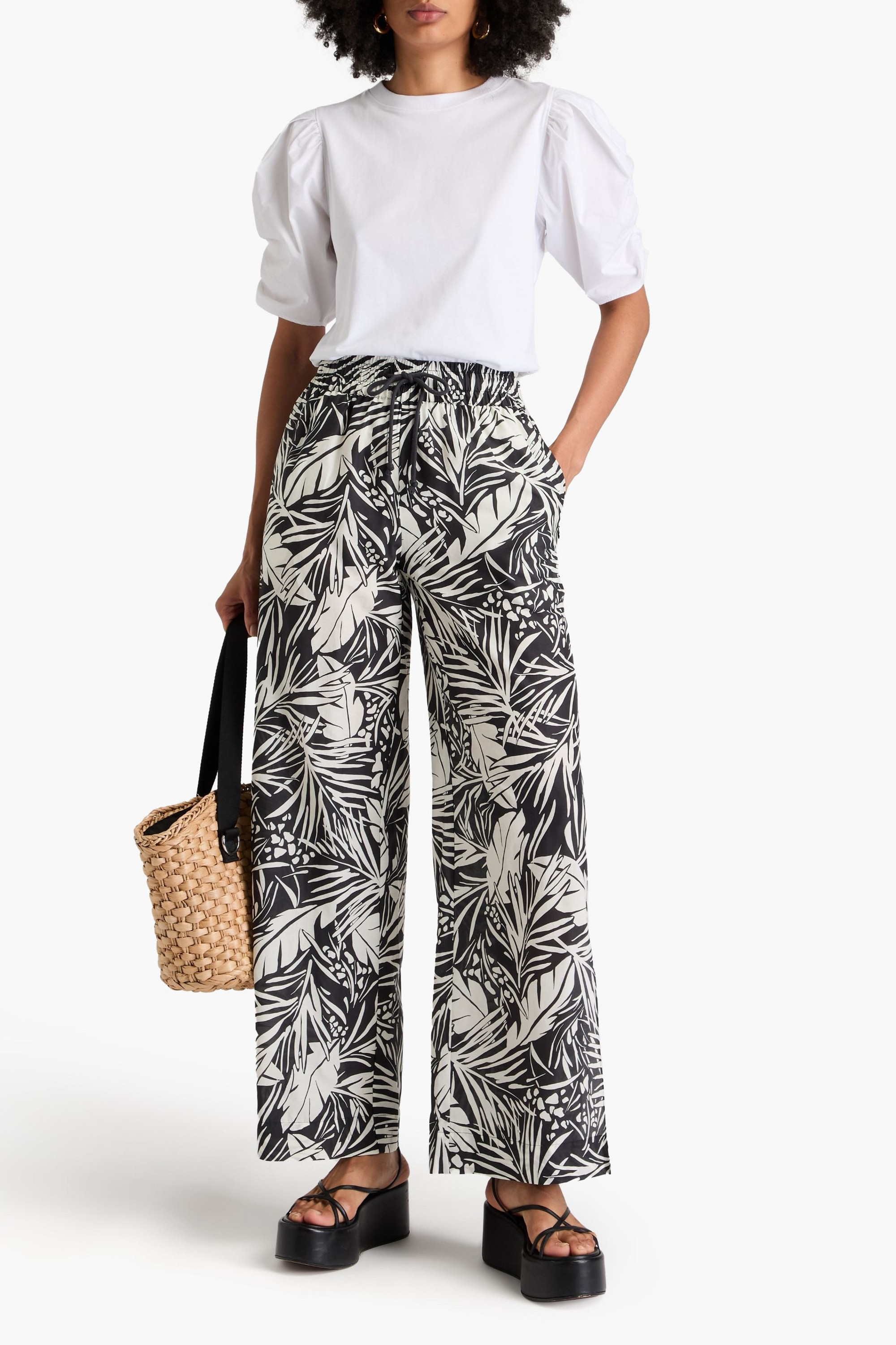 FRAME Printed cotton and silk-blend wide-leg pants