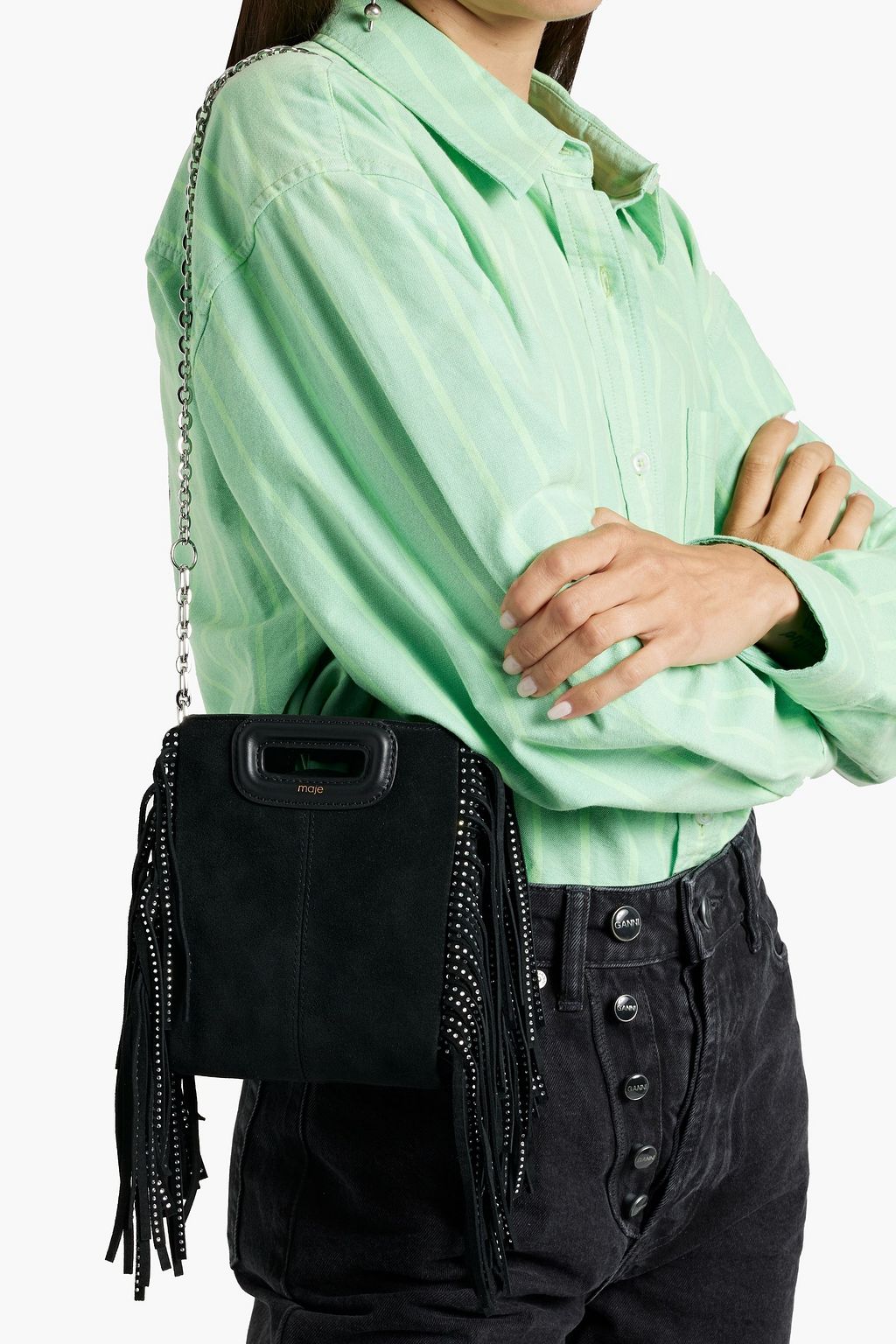MAJE Fringed crystal-embellished suede cross-body bag