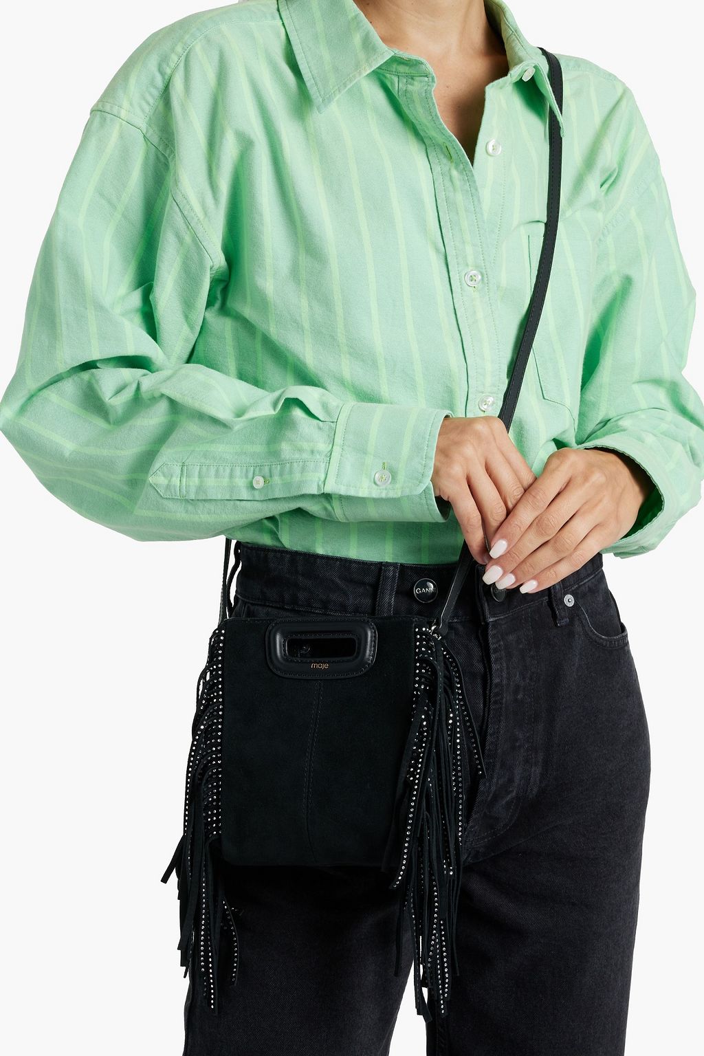 MAJE Fringed crystal-embellished suede cross-body bag