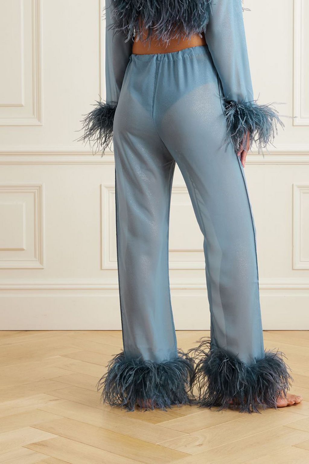 OSÉREE Lumière feather-trimmed glittered chiffon straight-leg pants