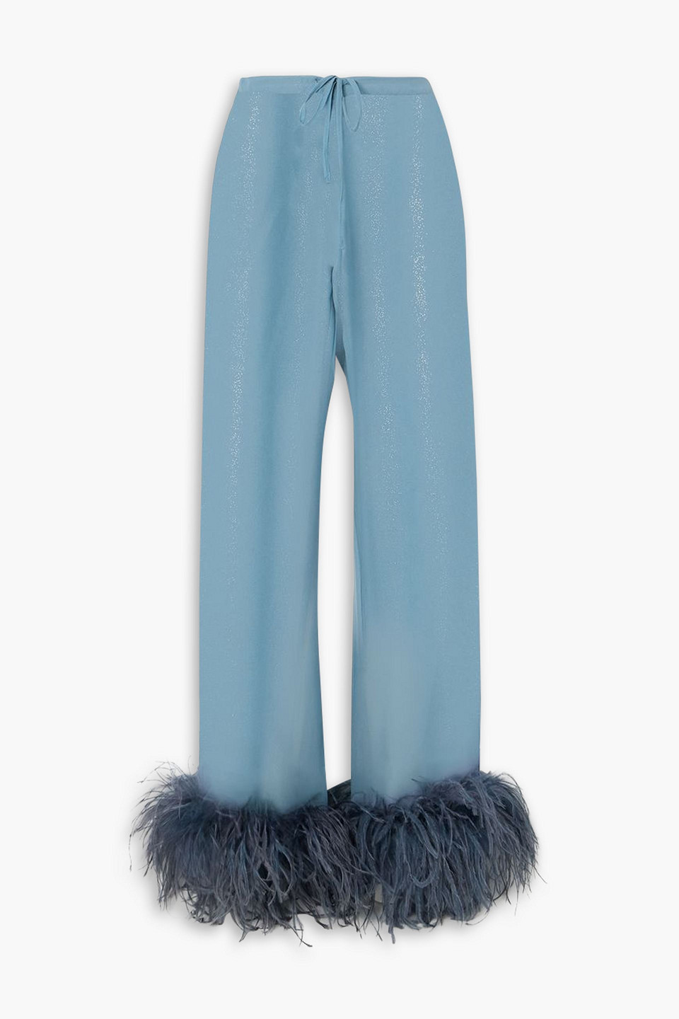 Oseree Lumière Feather-trimmed Glittered Chiffon Straight-leg Pants In Slate Blue