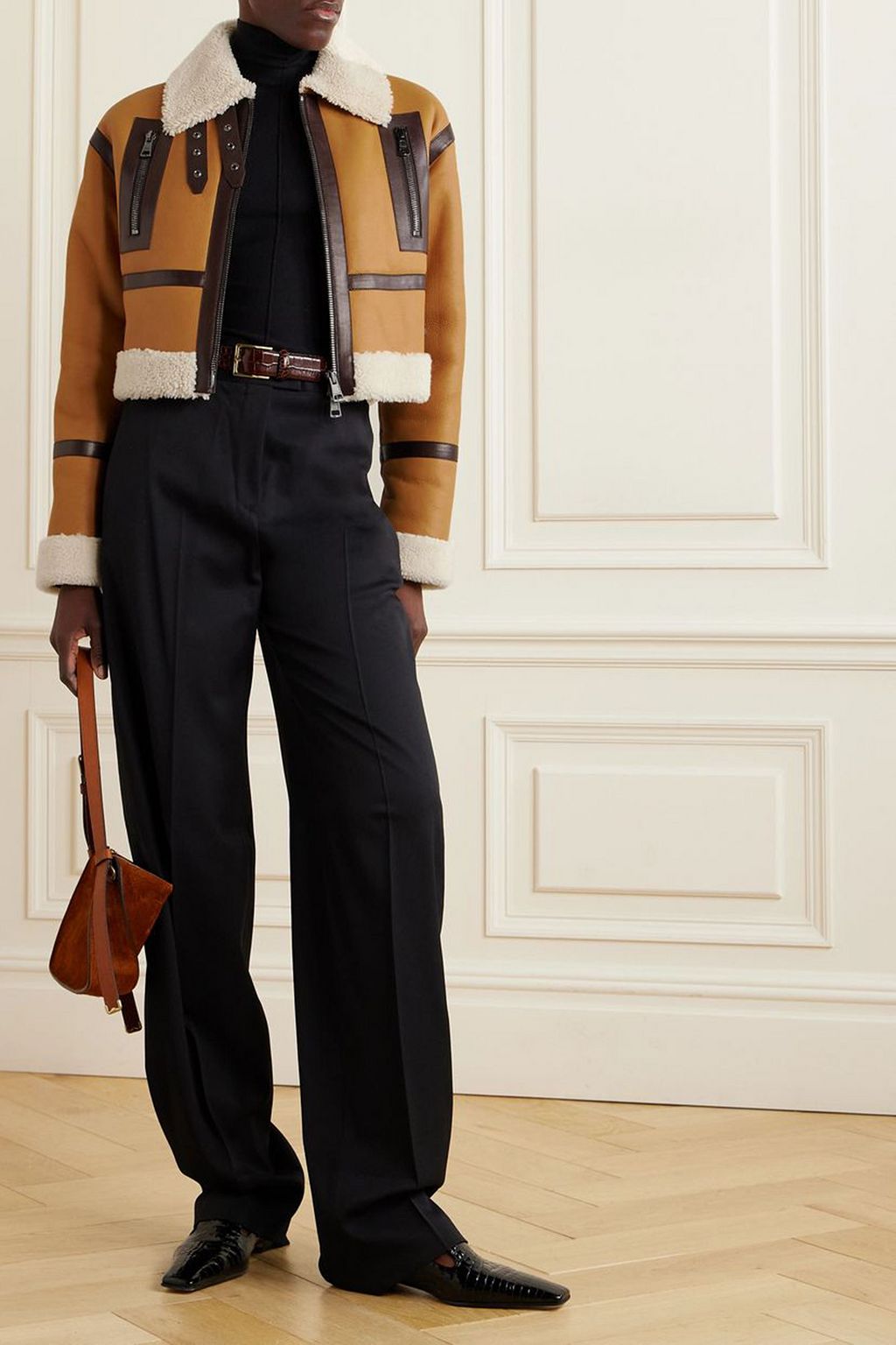 TOD'S Cropped leather-trimmed shearling jacket