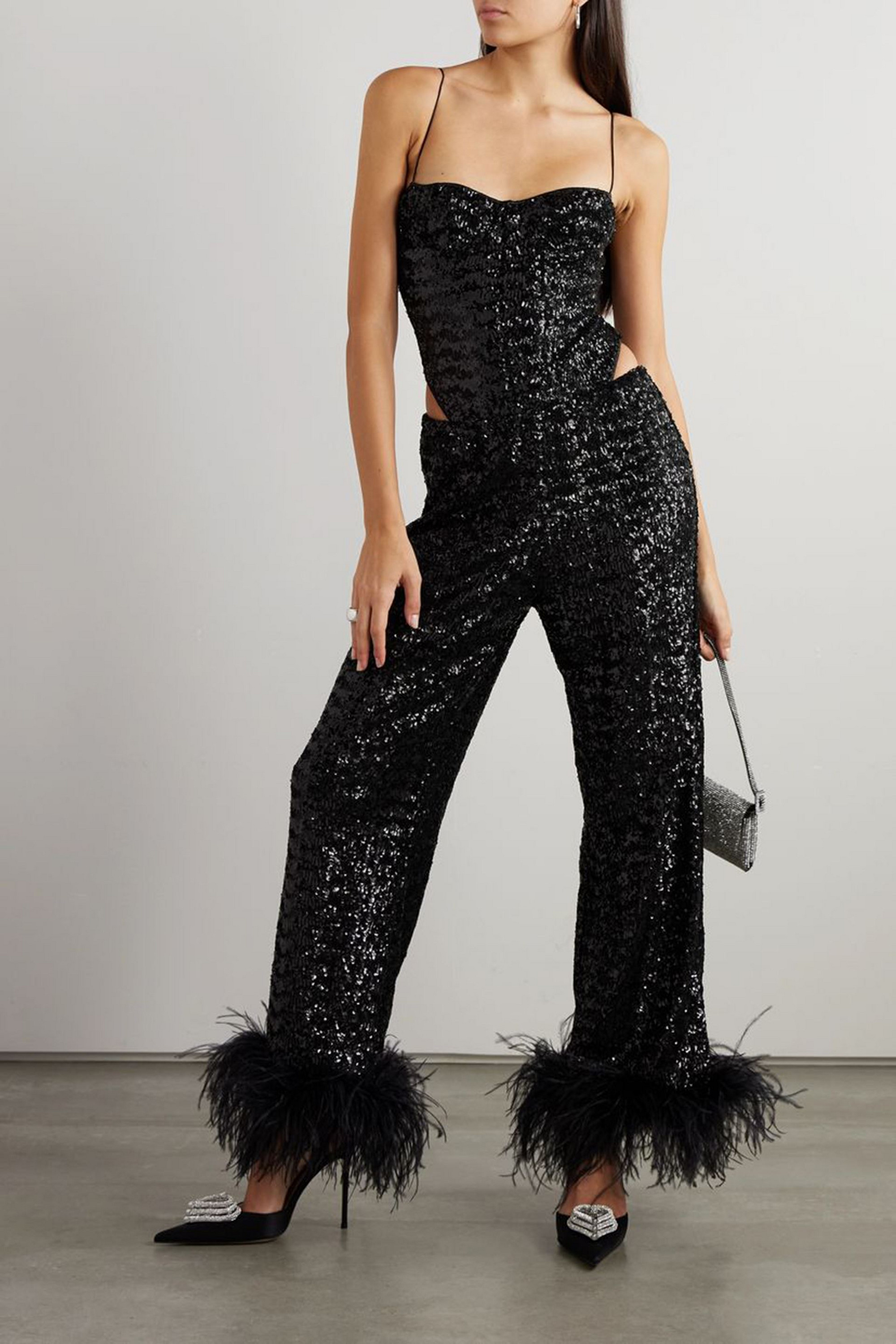 Oséree Feather-trimmed sequined satin straight-leg pants