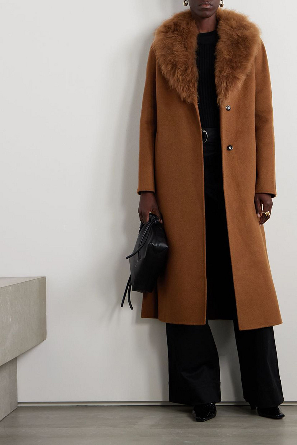 YVES SALOMON BELTED SHEARLING-TRIMMED WOOL AND CASHMERE-BLEND COAT