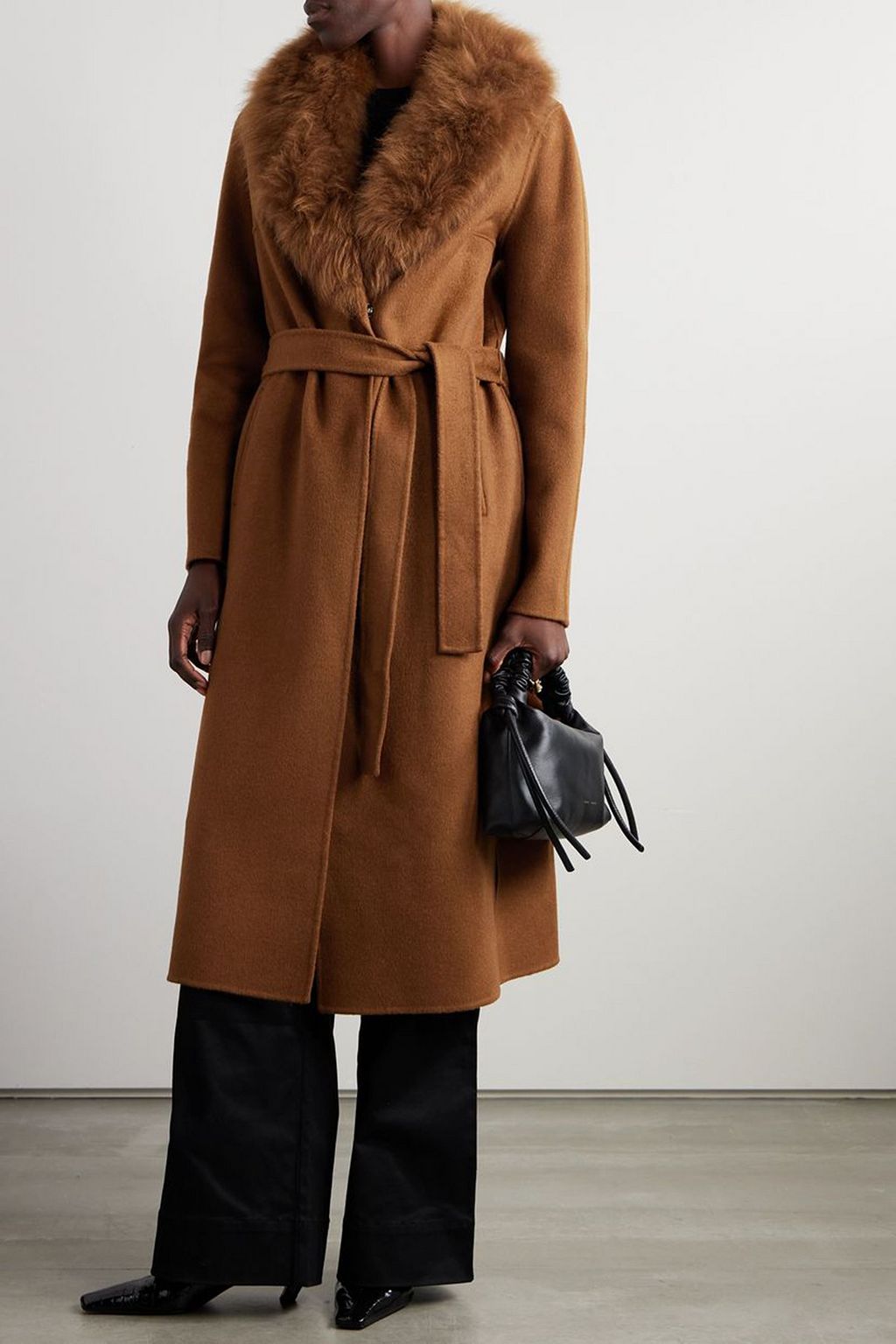 YVES SALOMON Belted shearling-trimmed wool and cashmere-blend coat