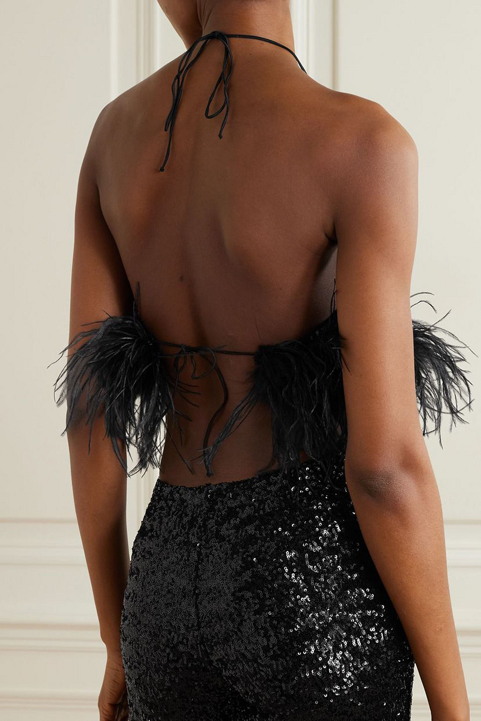 OSEREE FEATHER-TRIMMED SEQUINED TULLE HALTERNECK TOP 