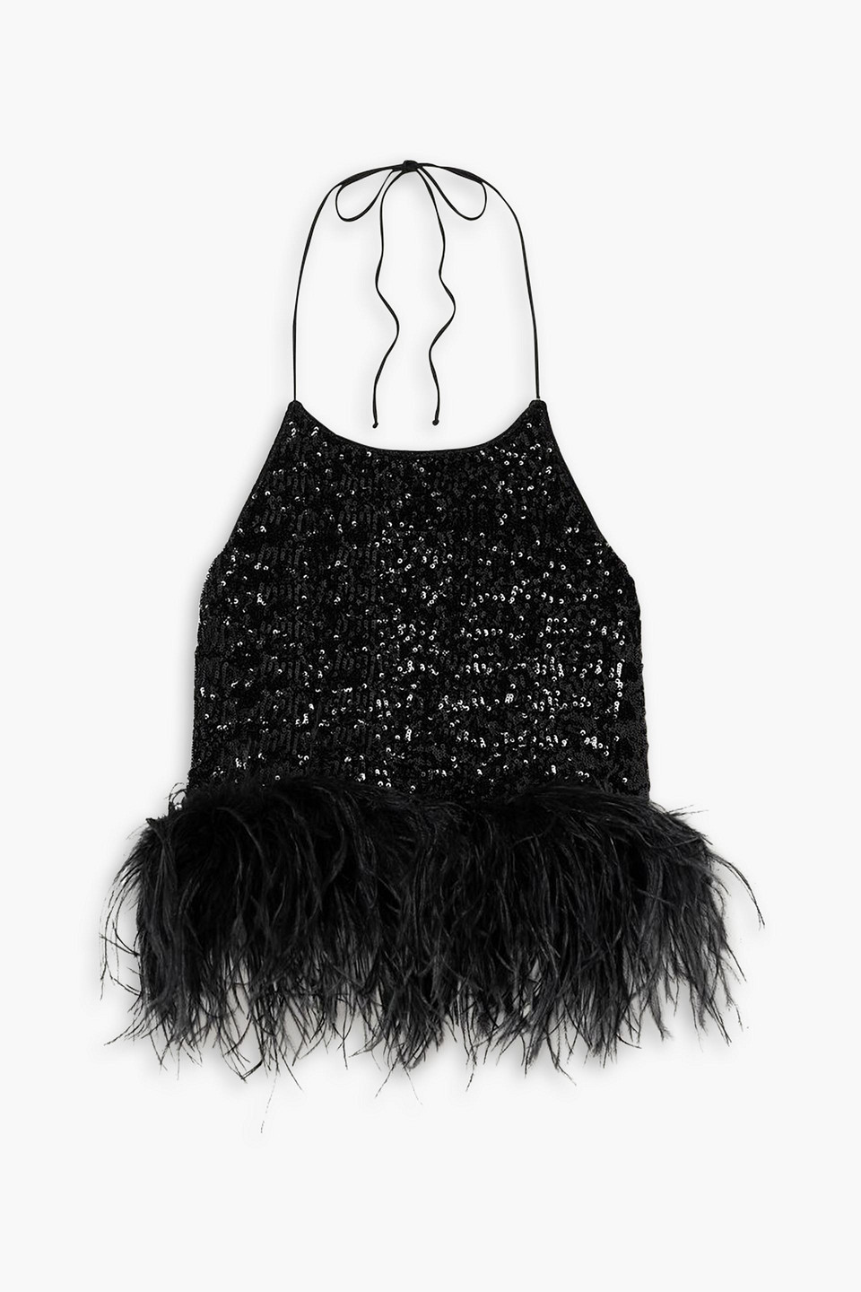 OSEREE FEATHER-TRIMMED SEQUINED TULLE HALTERNECK TOP 