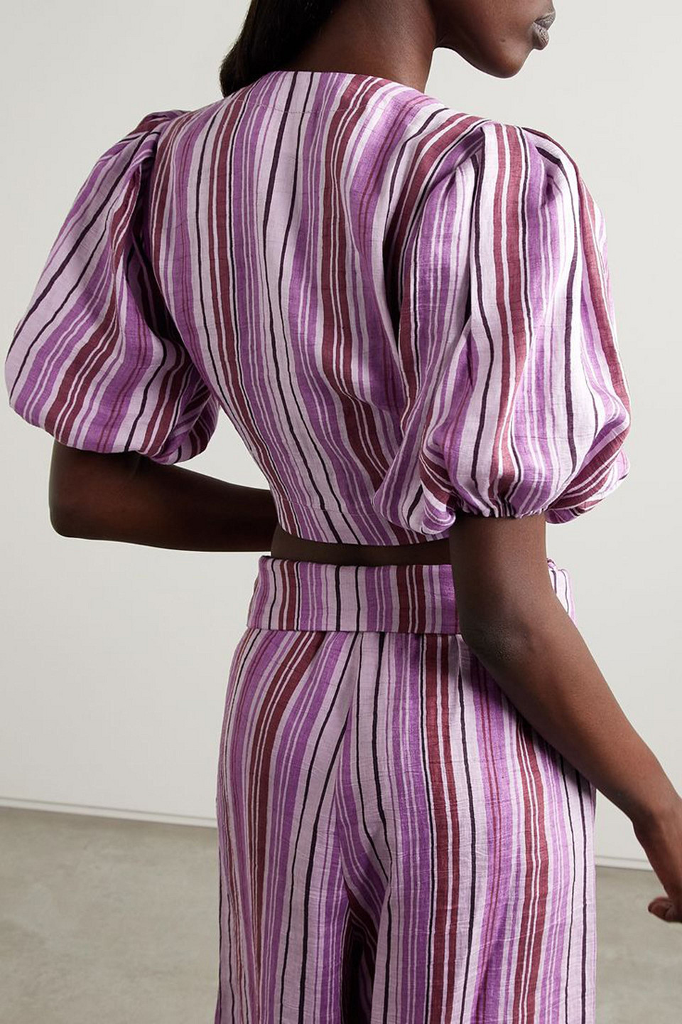 LISA MARIE FERNANDEZ POUF CROPPED TIE-FRONT STRIPED LINEN-BLEND TOP