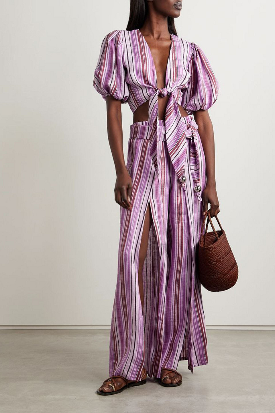 LISA MARIE FERNANDEZ POUF CROPPED TIE-FRONT STRIPED LINEN-BLEND TOP