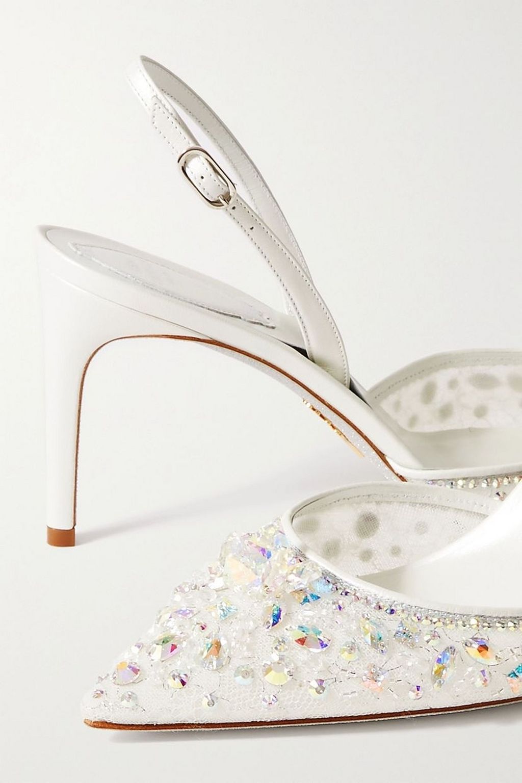 RENE' CAOVILLA Cinderella leather and crystal-embellished lace slingback pumps