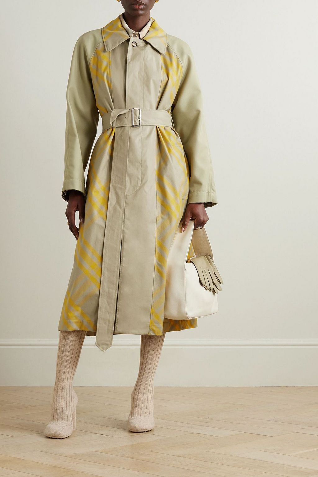BURBERRY Appliquéd belted checked cotton-gabardine trench coat