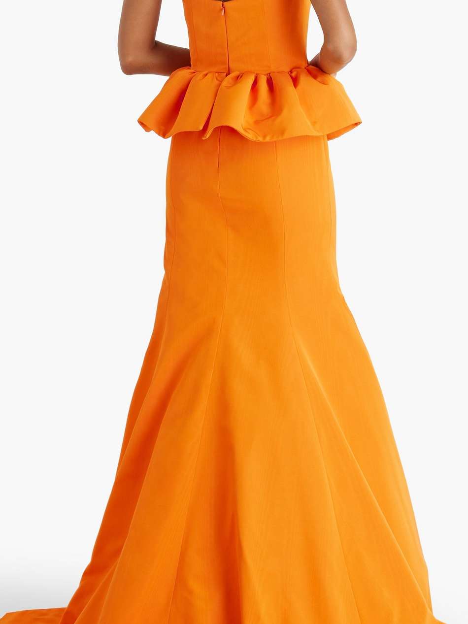 strapless ruffled cotton-blend moire peplum gown