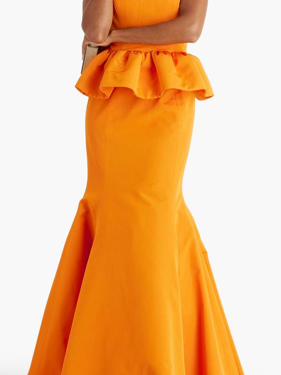 strapless ruffled cotton-blend moire peplum gown