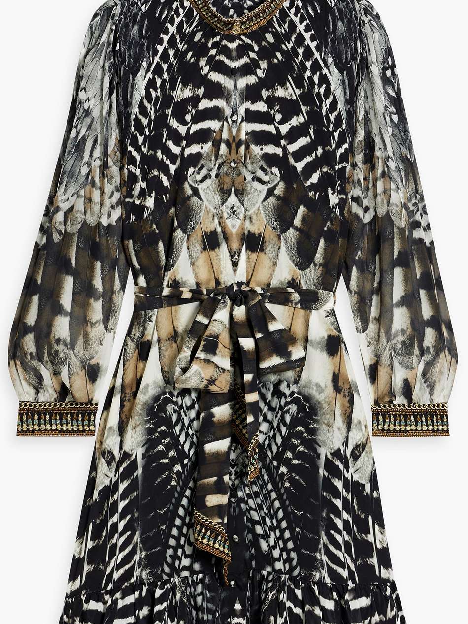 crystal-embellished printed silk crepe de chine mini dress