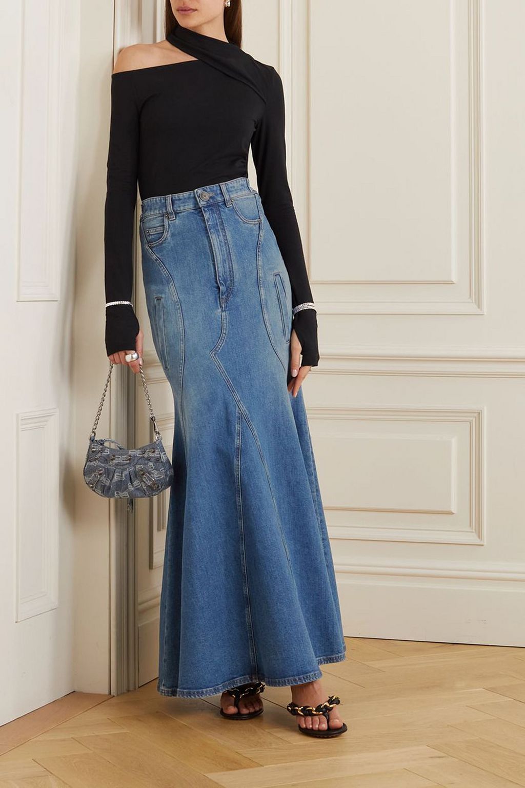 BURBERRY Pleated paneled denim maxi skirt